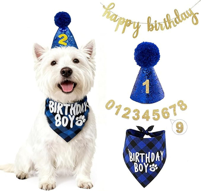 LESYPET Dog Birthday Party Supplies, Dog Birthday Hat with Bandana, and Banner, Cat Decorations Set for Party, Blue