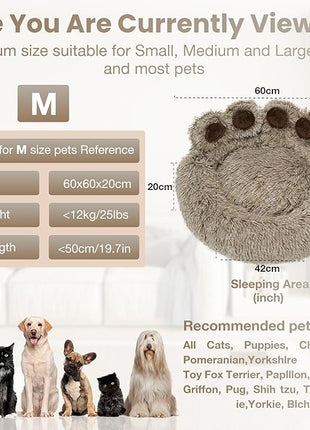 Calming Dog Bed Cat Bed Medium Size Dog - Donut Washable Medium Pet Bed, Warm Kitten Nest 24 inches Anti-Slip Round Fluffy Plush Faux Fur Cat Bed, Fits up to 25 lbs Pets, (Premium Brown)