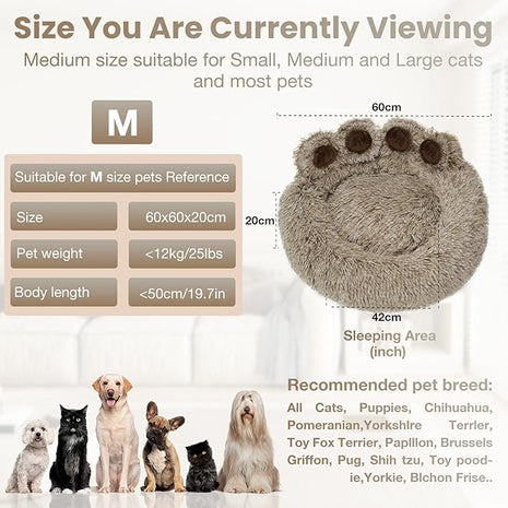 Calming Dog Bed Cat Bed Medium Size Dog - Donut Washable Medium Pet Bed, Warm Kitten Nest 24 inches Anti-Slip Round Fluffy Plush Faux Fur Cat Bed, Fits up to 25 lbs Pets, (Premium Brown)