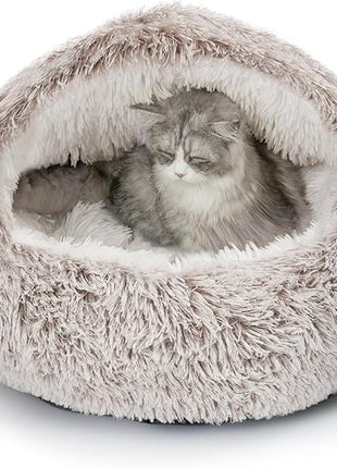 CATISM Plush Hooded Cat Bed, Calming Nest, Self-Warming Cave, Cozy Pod for Indoor Cats or Small Dogs, Removable Washable Cove With Non-Slip Bottom
