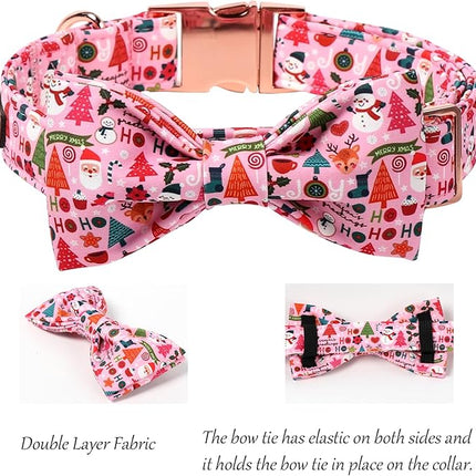 Lionet Paws Christmas Dog Collar with Bow tie,Cute Ho Christmas Tree Snowman Pink Dog Collar Bow Tie for Dogs Female, Small, Neck 10-16 inches