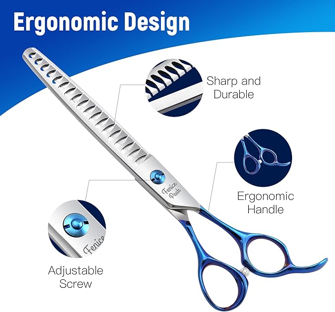 Fenice Peak Grooming Scissors for Dogs 7 inch Chunker Pet Grooming Scissors Ergonomically Designed Blue Handles Ideal Dog Shears for Precise Trimming Easy Use.