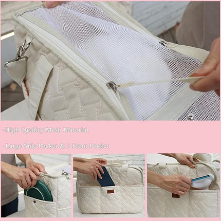 HSC PET Beige Small Dog Bag Woman,Cat Carrier Quilted Pet Soft Sided Leisure Pups Totes Traveling Go to Vet,Pet Function Handbag with 3 Pockets,12 lbs Puppy/15 lbs Cat or Kittens