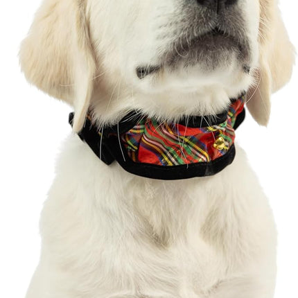 Huxley & Kent Ruff Pet Scrunchy | Shiny Christmas Plaid (Small) | Festive Christmas/Holiday Neckwear for Dogs/Cats | Fun Stretchable Costume Accessory | Soft Collar with Bells