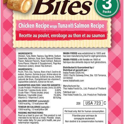INABA Churu Bites for Cats, Soft/Chewy Baked Chicken Wrapped Churu Filled Cat Treats with Vitamin E, 0.35 Ounces per Tube, 18 Tubes Total (3 Tubes per Pack), Tuna with Salmon Recipe