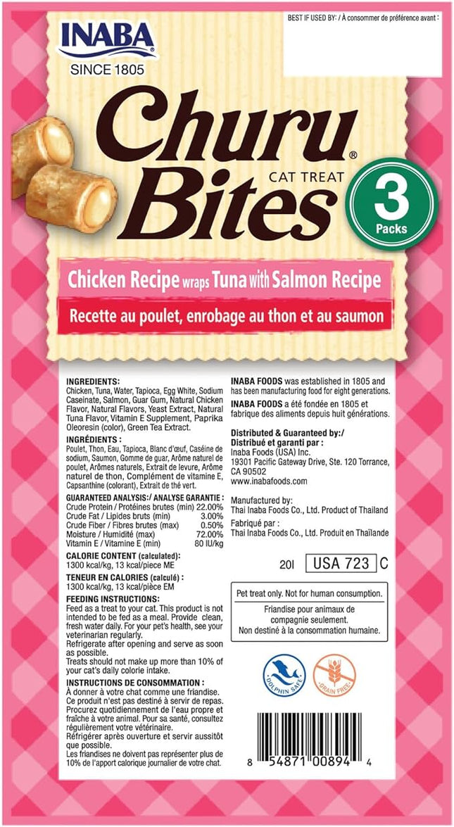 INABA Churu Bites for Cats, Soft/Chewy Baked Chicken Wrapped Churu Filled Cat Treats with Vitamin E, 0.35 Ounces per Tube, 18 Tubes Total (3 Tubes per Pack), Tuna with Salmon Recipe