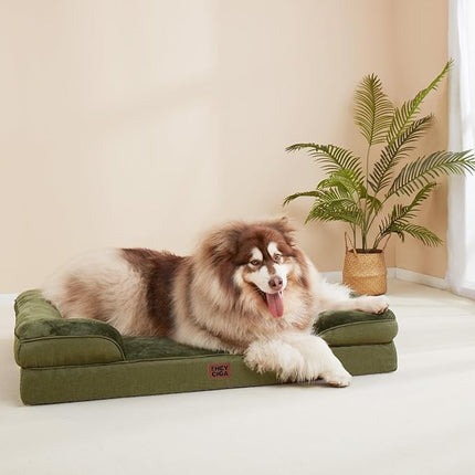 EHEYCIGA Orthopedic XL Dog Beds, Waterproof Memory Foam Dog Bed for Extra Large Dogs, Non-Slip Bottom and Egg-Crate Foam Big Pet Couch Bed with Washable Removable Cover, Olive Green