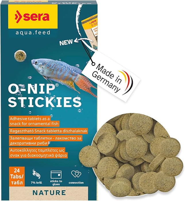Sera O-Nip Nature 24 Tabs 0.6 oz | Complete Feed for All Ornamental Fish | Adhesive Tablets Stick to The Aquarium Glass | High Protein | No Dyes & Preservatives | with Bloodworms, Krill & Tubifex