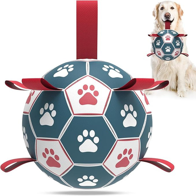 QDAN Extra Large Soccer Ball with Straps, Interactive Dog Toys for Tug of War, Puppy Birthday & Water Toy, Large Dog Balls - Blue & Red (9 Inch)