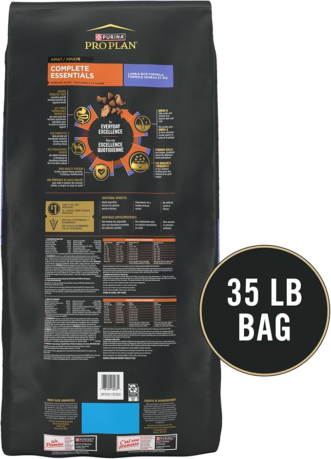 Purina Pro Plan Complete Essentials Shredded Blend Lamb and Rice High Protein Dog Food with Probiotics for Dogs - 35 lb. Bag