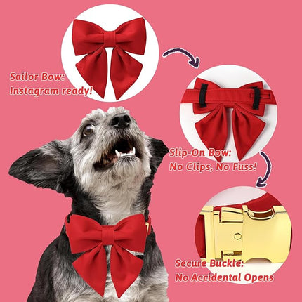 Maca Bates Red Dog Collar with Cute Solid Sailor Bow Tie for Extra Large Girl Boy Dogs,Girly Adjustbale Durable Breakaway Soft Collars with Bowtie for Female Male Puppy,Pet with Metal Buckle