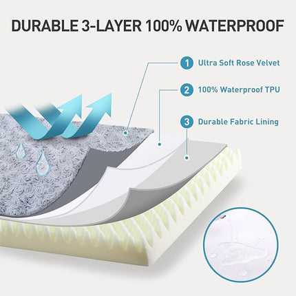 KSIIA Dog Crate Bed Waterproof for Extra Large Dogs - Rose Velvet Soft Fluffy Washable with Removable Cover & Anti-Slip Bottom, 47 x 29 Inch, Light Gray