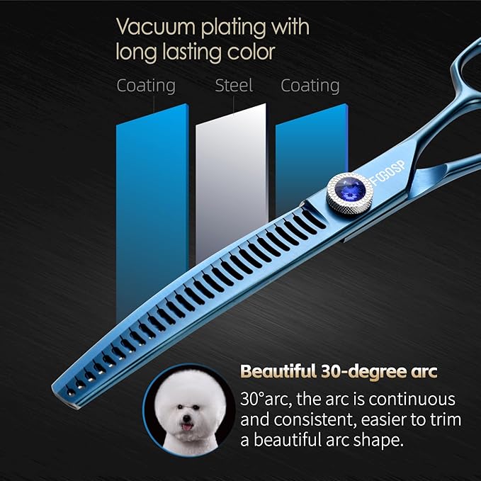 Professional Curved Chunkers Dog Grooming Scissors 7'' Curved Comb Thinning Shears for Dogs Pet 27 Teeth Japan VG10 Sharp and Smooth(7 Curve Chunker, Blue)