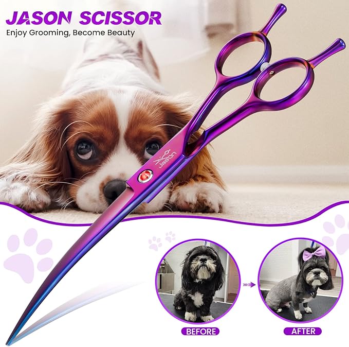 JASON 7.5" Dog Grooming Scissor - Professional Down-curved Shear with Ergonomic Handle Japanese Stainless Steel Trimming Scissor for Dogs, Cats and Other Pets, Sharp (Curved, Purple)
