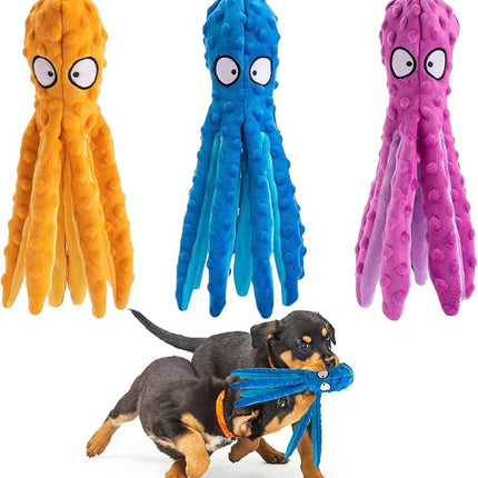 Alphatool Squeaky Dog Toys - 3pcs No Stuffing Octopus Soft Plush Crinkle Toys to Keep Them Busy, Interactive Essentials for Small Medium Pets Dogs Gifts, Blue/Purple/Orange