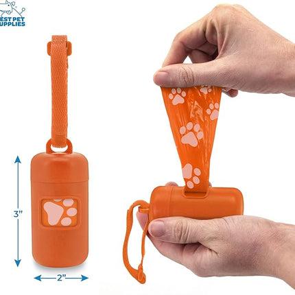 Best Pet Supplies Dog Poop Bag Holder Leash Attachment with 30 Bags, Reusable Dispenser for Travel, Walking, Park, and Outdoor Use, Durable with Clip-On - Orange, Pack of 2