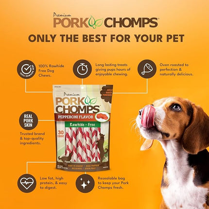 Pork Chomps Baked Pork Skin Dog Chews, 5-inch Mini Twists, Pepperoni Flavor Wrap, 30 Count