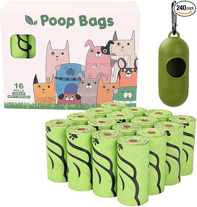 240 Dog Poop Bags | Certified Compostable| Eco-friendly Pet Waste Bags with Dispenser |16 Rolls of Plant Based, Extra-thick, leak-proof and odor-proof Bags | Good for Dogs, Cat's Litter, Kid's Diapers
