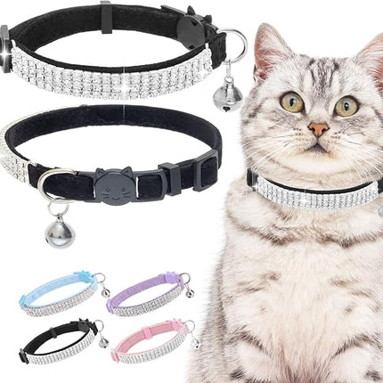 EXPAWLORER Soft Velvet Safe Cat Collars for Girl Cats - Rhinestones Bling Diamante Adjustable Collars Breakaway- Chirstmas Cat Clollar Gifts with Bells for Boy Cats Kitty and Small Dogs