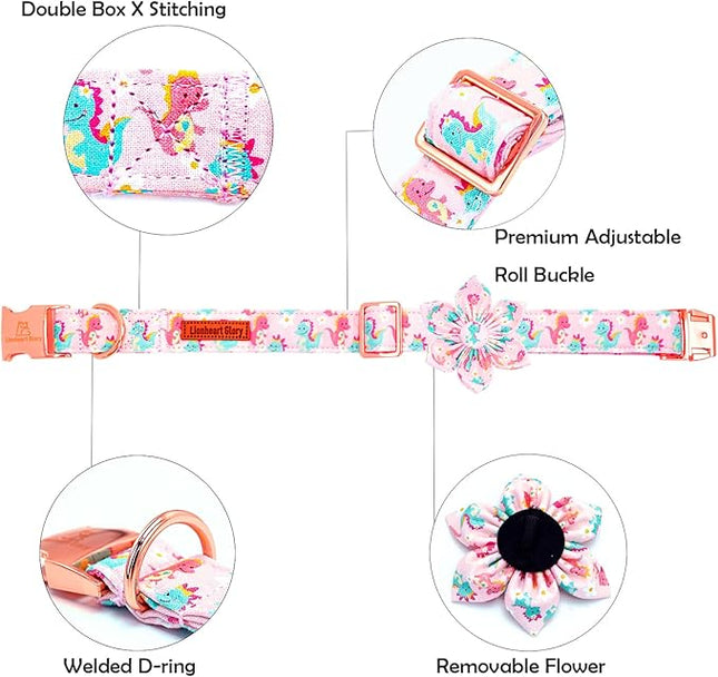 Lionheart glory Dog Collar with Flower Dinosaurs Print Collars for Small Dogs, Spring Summer Cute Duty Adjustable Dog Flowers Collar Puppy Collars Bows Pet Gift