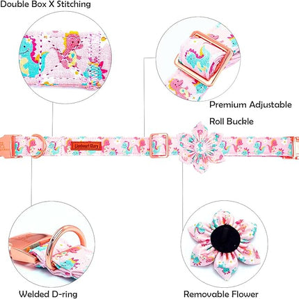 Lionheart glory Dog Collar with Flower Dinosaurs Print Collars for Large Dogs, Spring Summer Cute Duty Adjustable Dog Flowers Collar Puppy Collars Bows Pet Gift