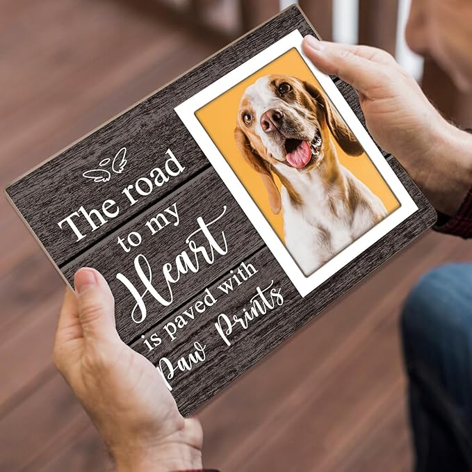 Pet Picture Frame, Pet Wooden Photo Frames Gift, Gifts for Dog Dad Mom, Dog Lovers Gift, Picture Frame for Dogs Cat Pets that Passed, The Road To My Heart Is Paved With Paw Prints, 4x6Inch Photo