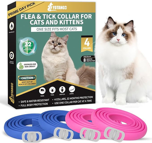 4 Pack Flea Collar for Cats, 32 Months Flea and Tick Prevention for Cats, Waterproof Cat Flea Collar, Natural Cat Flea and Tick Treatment, Adjustable Flea and Tick Collar for Cats Kittens(Blue&Pink)