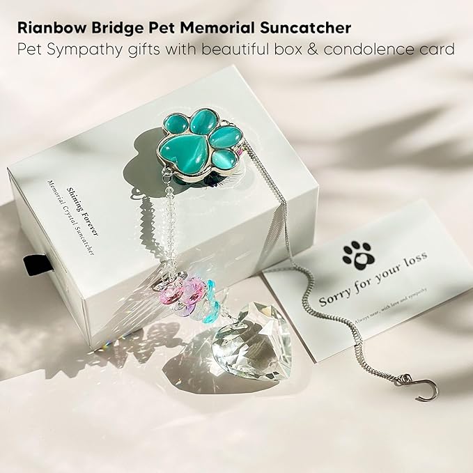 Pet Memorial Suncatcher - Dog Memorial Gifts, Pet Loss Sympathy, Thoughtful Dogs and Cats Bereavement Remembrance Gifts, Natural Cat's Eye Paw Crystal Suncatcher(Peacock Blue)