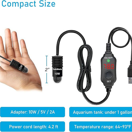 YukiHalu USB Powered Aquarium Heater, 10W Adjustable Mini Fish Tank Heater with External Temperature Controller, LED Display, Used for 0.5-1 Gallon Tank (10W USB Adapter)