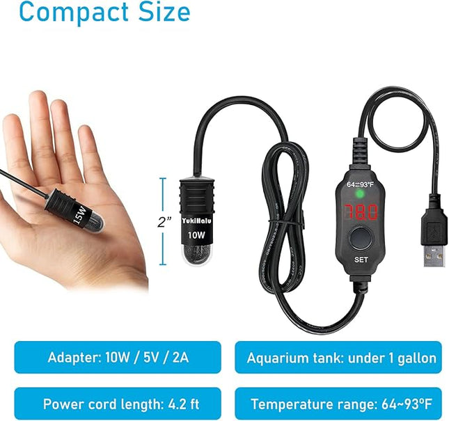 YukiHalu USB Powered Aquarium Heater, 10W Adjustable Mini Fish Tank Heater with External Temperature Controller, LED Display, Used for 0.5-1 Gallon Tank (10W USB Adapter)