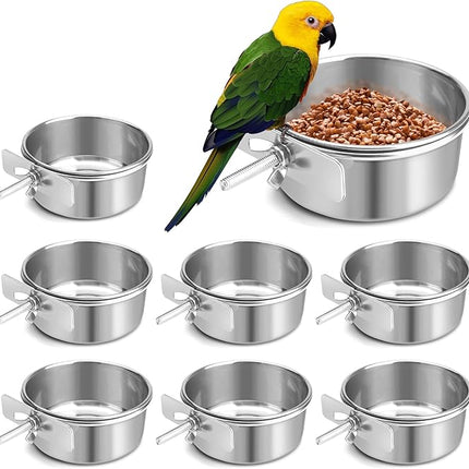 Bird Cage Feeder, Bird Feeder for Cage, 8 Pcs 10OZ Stainless Steel Parrot Food Water Bowls with Clamp Holder, Hanging Feeding Dish Cups for Cockatiel Parakeet Conure Budgie Lovebird Small Animal