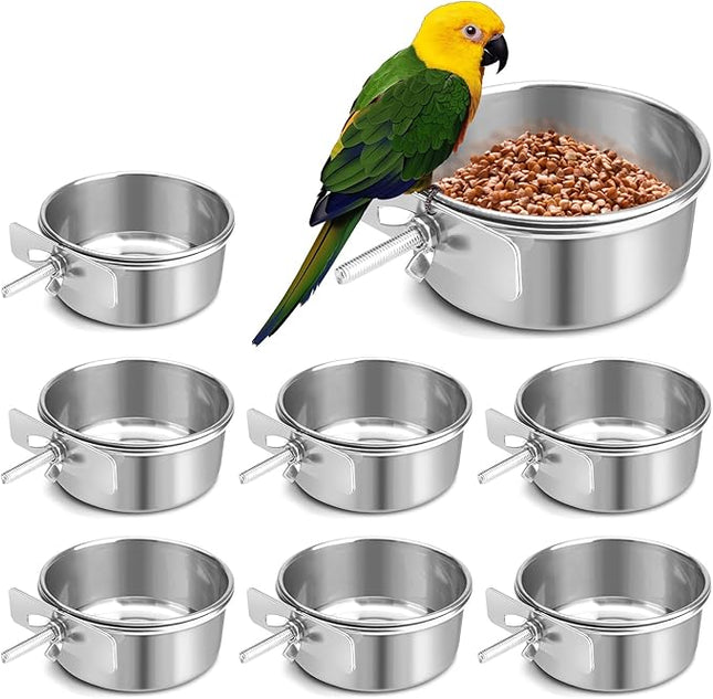 Bird Cage Feeder, Bird Feeder for Cage, 8 Pcs 10OZ Stainless Steel Parrot Food Water Bowls with Clamp Holder, Hanging Feeding Dish Cups for Cockatiel Parakeet Conure Budgie Lovebird Small Animal