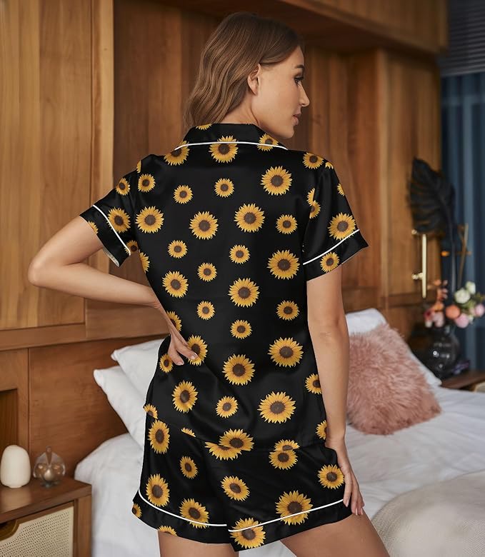 Women’s Silk Satin Pajama Set, Short Sleeve Button Down 2 Piece PJs with Shorts, Cozy Loungewear & Matching Holiday Pajamas