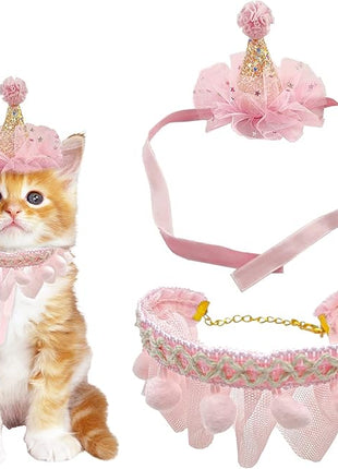 Birthday Hat Scarf Set for Pet Puppy Cat, Cute Lace Bandana Bib Scarf Crown Hat Princess Costume for Cats Small Dogs,Pink Outfit for Birthday Party
