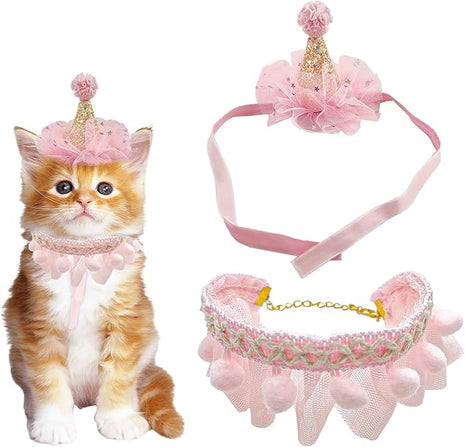 Birthday Hat Scarf Set for Pet Puppy Cat, Cute Lace Bandana Bib Scarf Crown Hat Princess Costume for Cats Small Dogs,Pink Outfit for Birthday Party