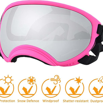 Large Dog Sunglasses with Adjustable Strap UV Protection, Winproof Puppy Sunglasses, Suitable for Medium-Large Pet Glasses, Dogs Eyes Soft Goggles, PinkSilver, (YD-23032706)