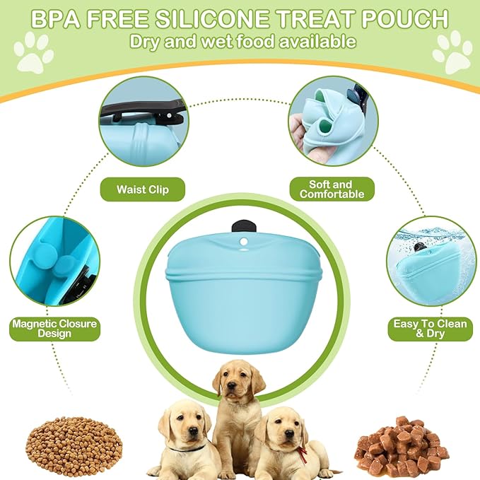 JIURUN Dog Treat Pouch for Pet Training - Dog Treat Bag (Grey) - Dog Training Kit, Dog Clicker for Training, Silicone Treat Bag, 2-in-1 Whistle Clicker, Collapsible Dog Bowl, 2 Dog Poop Bag