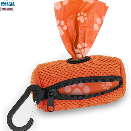 Best Pet Supplies Dog Poop Bag Holder Leash Attachment with 15 Bags, Orange, Reusable Mesh Dispenser Pouch for Travel, Walking, Park, and Outdoor Use, Soft and Durable with Clip-On