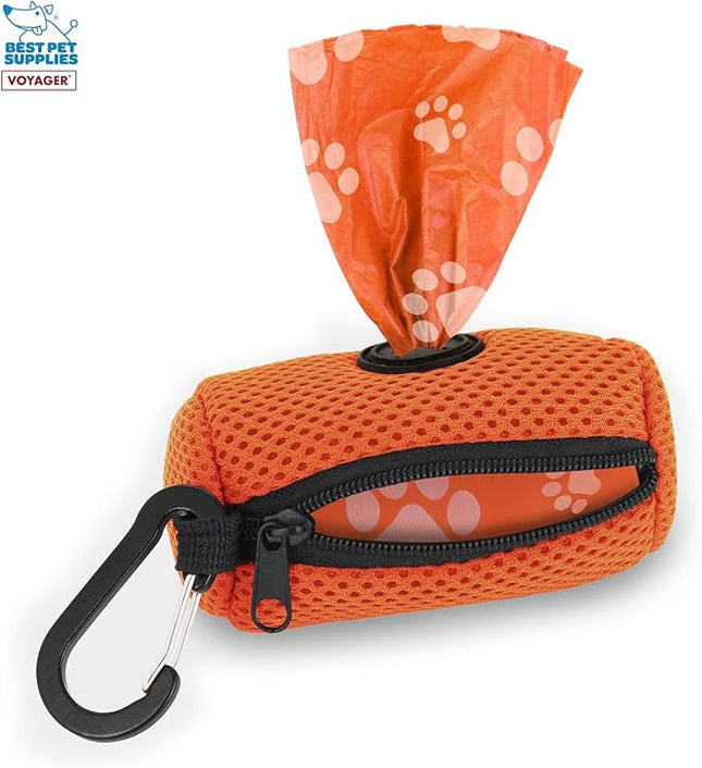 Best Pet Supplies Dog Poop Bag Holder Leash Attachment with 15 Bags, Orange, Reusable Mesh Dispenser Pouch for Travel, Walking, Park, and Outdoor Use, Soft and Durable with Clip-On