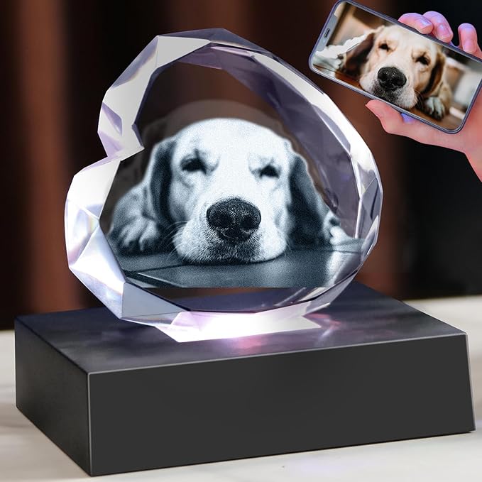 Personalized Pet 3D Crystal Photo，Pet Memorial Gifts for Dogs Cats Horses，Custom 3D Pictures,Engraved Crystal in Memory of Dog, Customized Pet Gifts