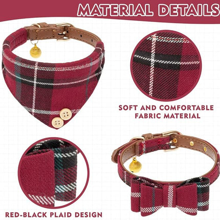 EXPAWLORER Dog Collar and Leash Set - Classic Plaid Dog Bow Tie and Dog Bandana Collar with Bell, Dog Leash Tangle Free, Adjustable Collars for Small Medium Large Dogs Cats, Holiday Ideal Gift