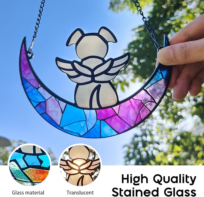 Stained Glass Angle Dog Memorial Suncatcher for Loss of Dog Sympathy Gifts, Dog Memorial Gifts with Sympathy Card, Dog Remembrance Gifts for Pet Lovers, Dog on Moon Ornaments for Window Hanging