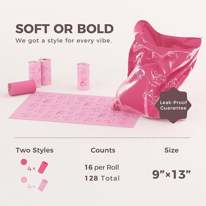 Pink Poop Bags for Dogs - 128 Count, 60% Recycled Plastic Baby Powder Scented Dog Poop Bags - Easy-Peel Sticker, Leak-Proof, Extra Strong & Thick - Perfect for Diapers, Cat Litter (8 Rolls)