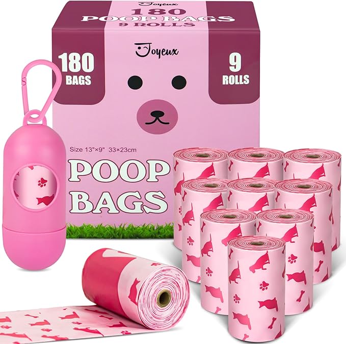 180 Count Dog Poop Bags Rolls with Dispenser, Leak Proof, Extra Thick Doggie Pet Waste Bags, Poop Bag and Doggy Holder for Dogs Cats, Unscented, Pink