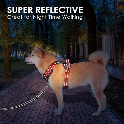 PHOEPET No Pull Dog Harness, Unique Colors Reflective Adjustable Dog Vest, with Soft Training Handle Metal Clips for Small Medium Large Dogs (Black Base & Red Straps,XL)
