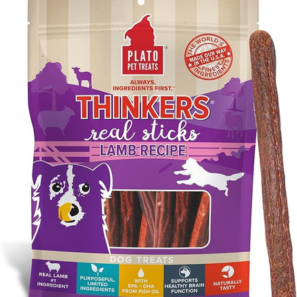 Plato Pet Treats Thinkers - Meat Sticks for Dogs - Limited Ingredient Treats with EPA and DHA to Support Skin, Coat, and Brain - Air-Dried - Lamb 10oz