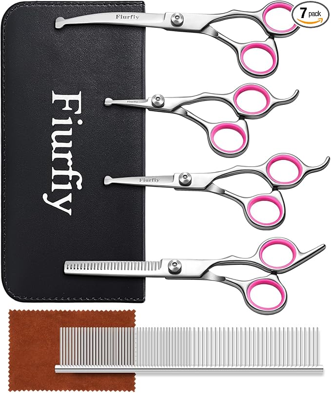 Furry Grooming Scissors with Safety Round Heads. Dog Grooming Scissors, 5CR 6 in 1 Dog Grooming Scissors, Curved Dog Grooming Scissors, Professional Pet Grooming Scissors Set for Dogs and Cats