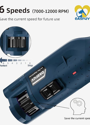 Casfuy Dog Nail Grinder Quiet - (45db) 6-Speed Pet Nail Grinder with 2 LED Lights for Large Medium Small Puppy Dogs/Cats, Professional 3 Ports Rechargeable Electric Dog Nail Trimmer with Dust Cap
