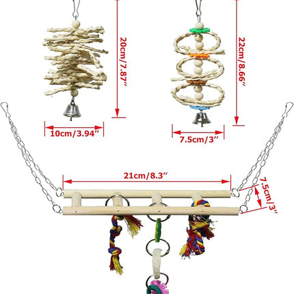 BWOGUE 7 Pack Bird Parrot Toys - Natural Wood Chewing, Climbing, Hanging & Hammock Toys for Small Parakeets, Cockatiels, Conures, Finches, Budgie, Parrots, Love Birds