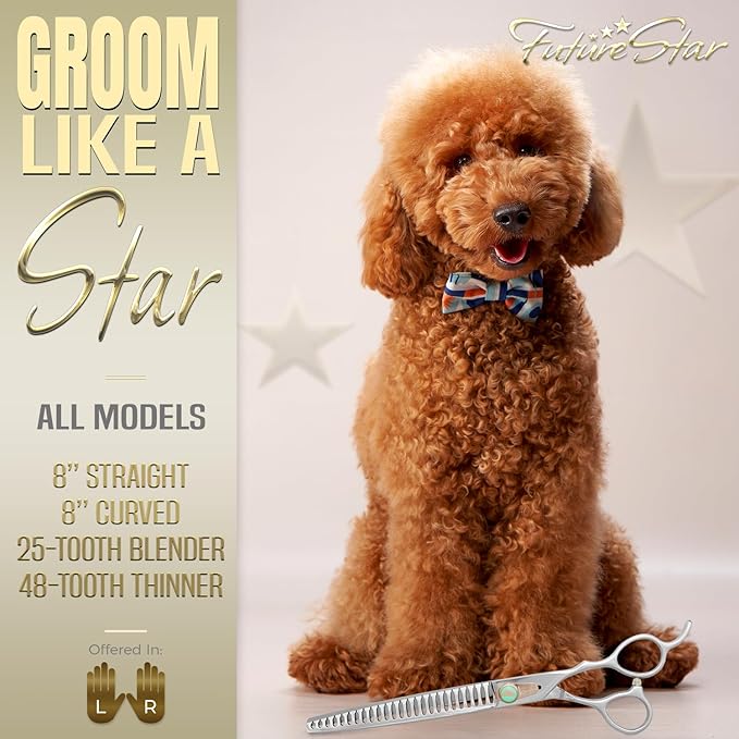 Kenchii Future Star Dog Grooming Scissors Righty Set Premium Kit for Novice & Pro Groomers Straight Curved Thinner & Blender Shears with Micro Serrated Blades Includes Case and Inserts.